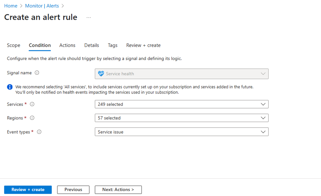 Képernyőkép a bérlői szintű riasztási felületről az Azure Portal képernyőképén 3