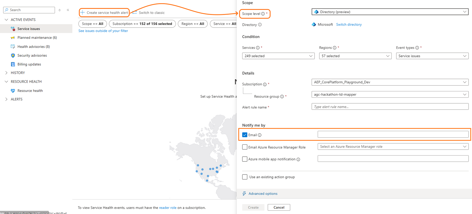 Képernyőkép a bérlői szintű riasztási felületről az Azure Portal képernyőképén 1