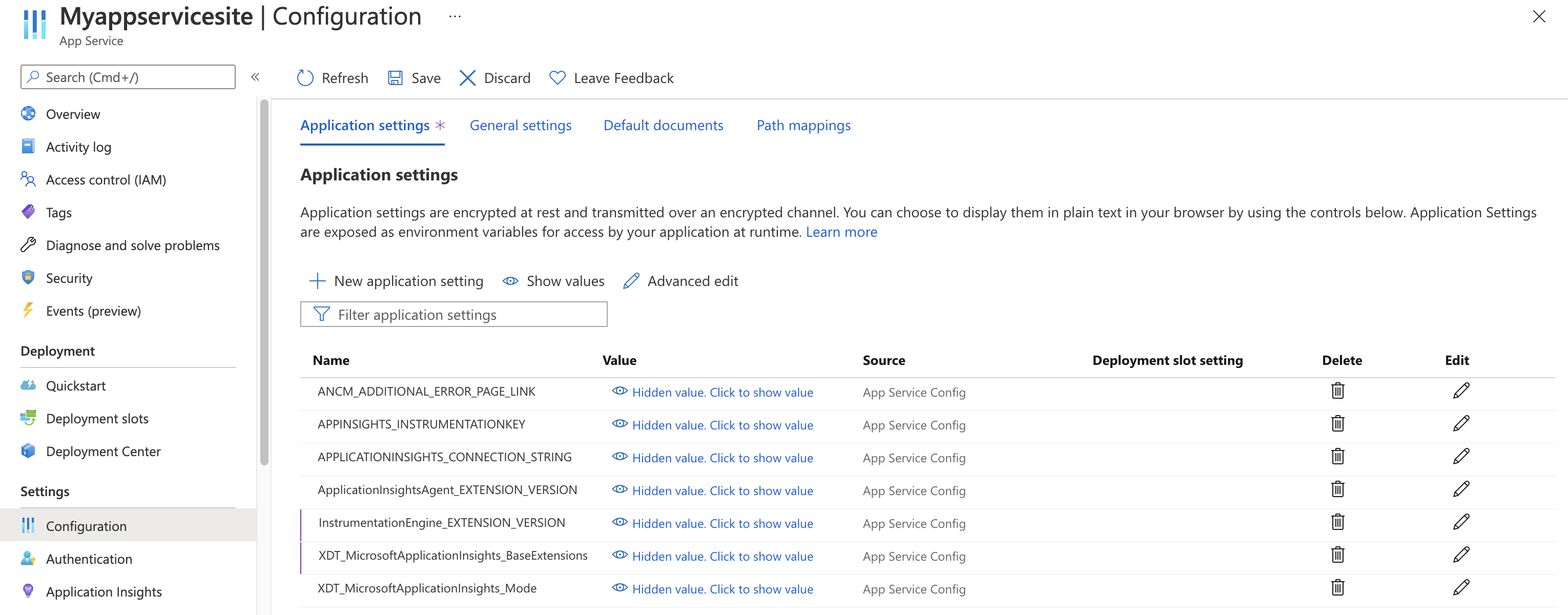 Képernyőkép az App Service alkalmazásbeállításairól az Alkalmazás Elemzések beállításaival.