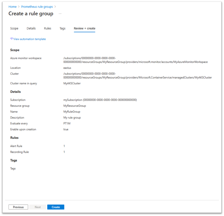 Képernyőkép a Véleményezés + létrehozás lapról új riasztási szabály létrehozásakor.