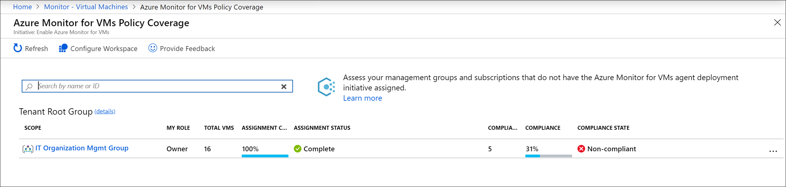 Képernyőkép a virtuálisgép-elemzések Azure Monitor for VMs Policy Coverage oldalról.