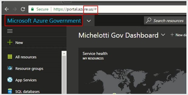 Képernyőkép az Azure Government Portalról, amely portal.azure.us emel ki URL-címként.
