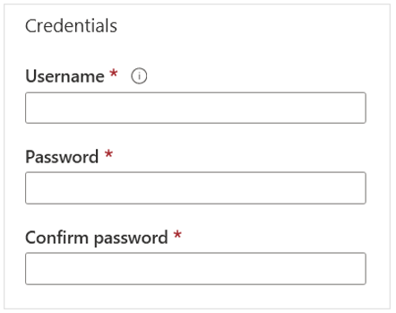 Képernyőkép az Active Directory hitelesítő adatainak mezőiről, amelyen a felhasználónév, a jelszó és a jelszó megerősítése mező látható.