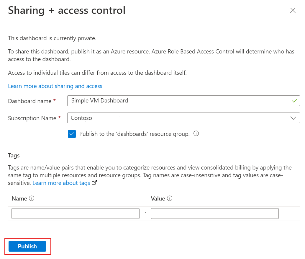 Képernyőkép az Azure Portal irányítópultjának közzétételéről.
