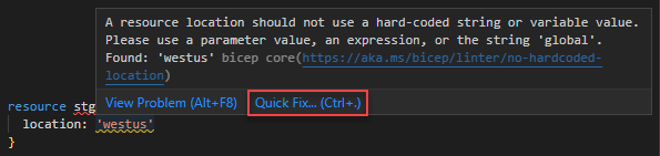 A No hardcoded location linter rule warning with quickfix képernyőképe.