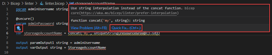 Bicep linter használata a Visual Studio Code-ban – gyorsjavítás megjelenítése.