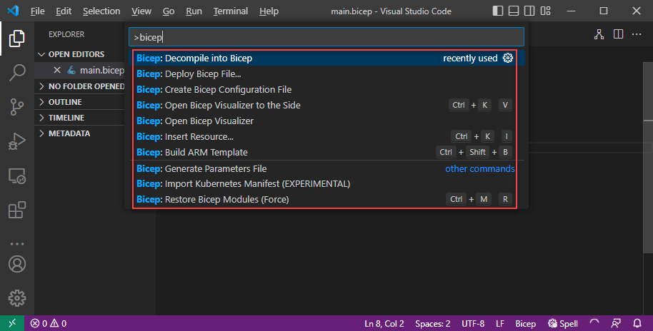 Képernyőkép a Visual Studio Code Bicep-parancsokról a parancskatalógusban.