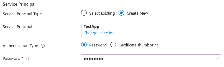 Képernyőkép a Microsoft.Common.ServicePrincipalSelector hitelesítési beállításairól egy új alkalmazás regisztrálása után.