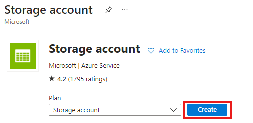Screenshot of the storage accounts page with the create button highlighted.