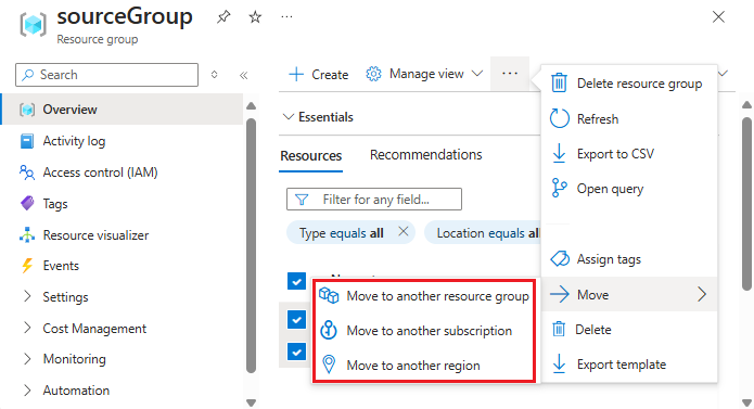 Screenshot of the Azure portal displaying the Move button with three options.