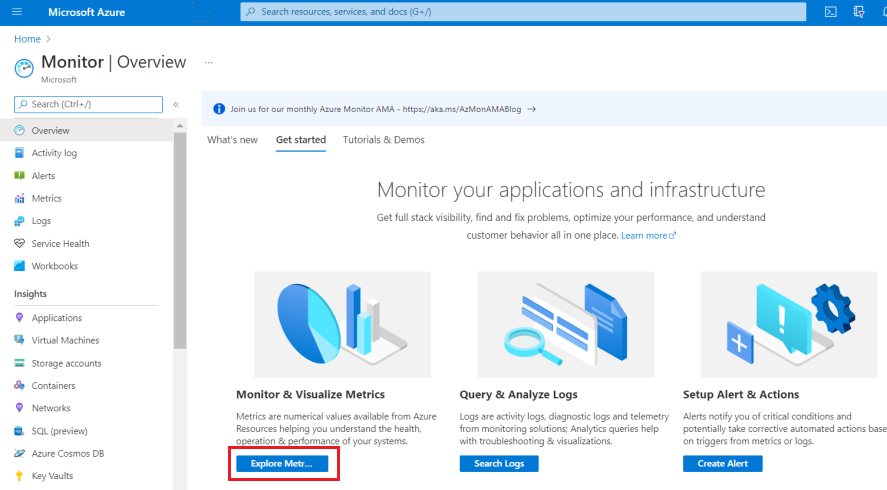 Képernyőkép a Azure Portal Monitor oldalára való navigálásról, kiemelt Metrikák felfedezése lehetőséggel.