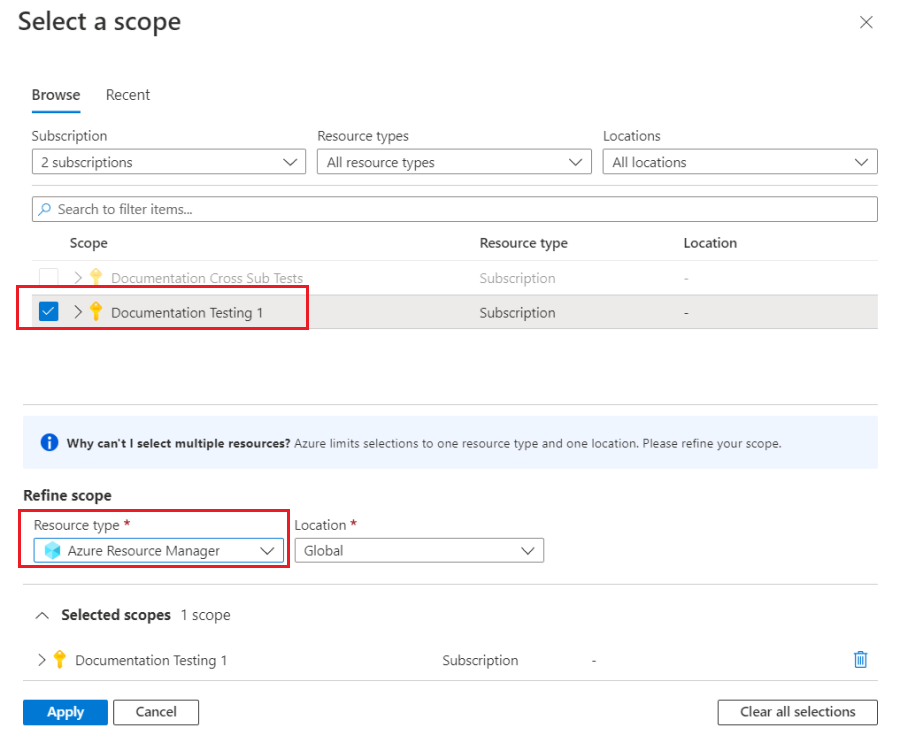 Képernyőkép egyetlen előfizetés és az Azure Resource Manager metrikáinak kiválasztásáról a Azure Portal.