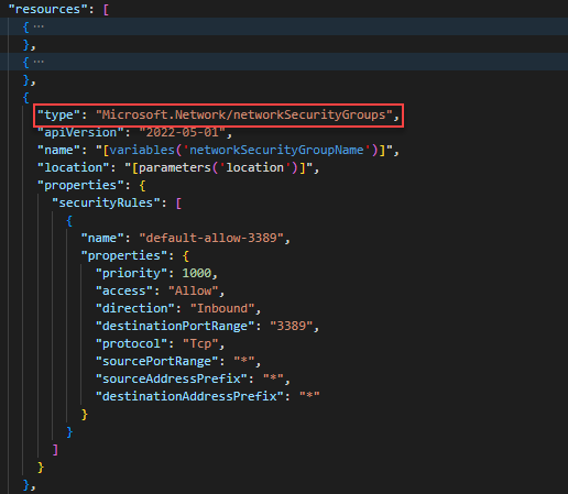 Képernyőkép a Visual Studio Code-ról, amelyen egy ARM-sablonban látható a hálózati biztonsági csoport definíciója.