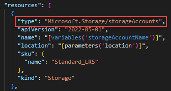 Képernyőkép a Visual Studio Code-ról, amelyen egy ARM-sablon tárfiók-definíciója látható.