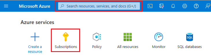 Képernyőkép a Azure Portal a keresőmezővel és az Előfizetések kiemelésével.