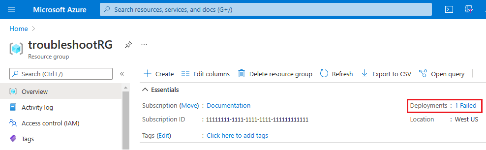 Képernyőkép az Azure-erőforráscsoport áttekintési oldaláról, amelyen egy sikertelen üzembe helyezés látható piros felkiáltójel ikonnal az üzembe helyezési előzmények szakaszban.