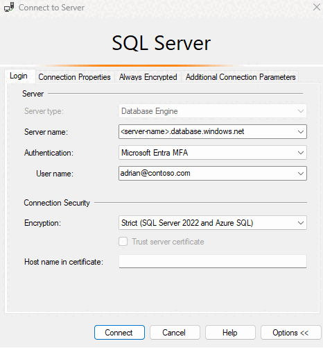 Képernyőkép az SSMS Csatlakozás kiszolgálóhoz párbeszédpanel-beállításairól, amelyben az összes mező ki van töltve.