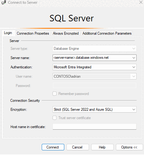 Képernyőkép az SSMS-ről, amelyen a Microsoft Entra integrált hitelesítése látható.
