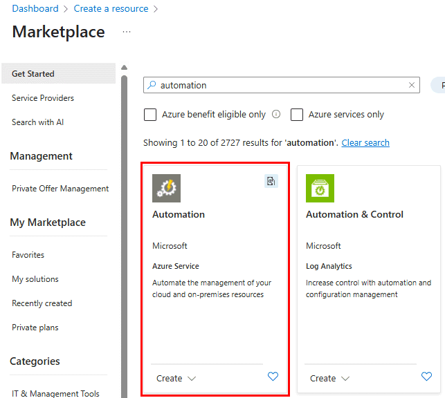 Képernyőkép az Azure Portalról, amely az Automationt keresi.