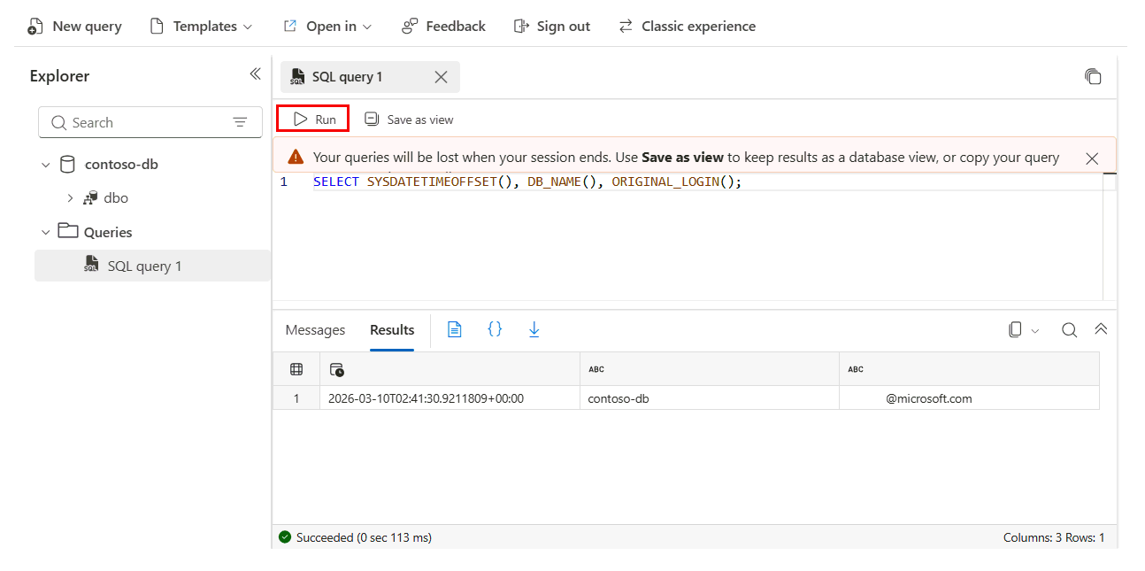 Képernyőkép az Azure SQL Database-hez készült Azure Portal SQL-lekérdezésszerkesztőről.