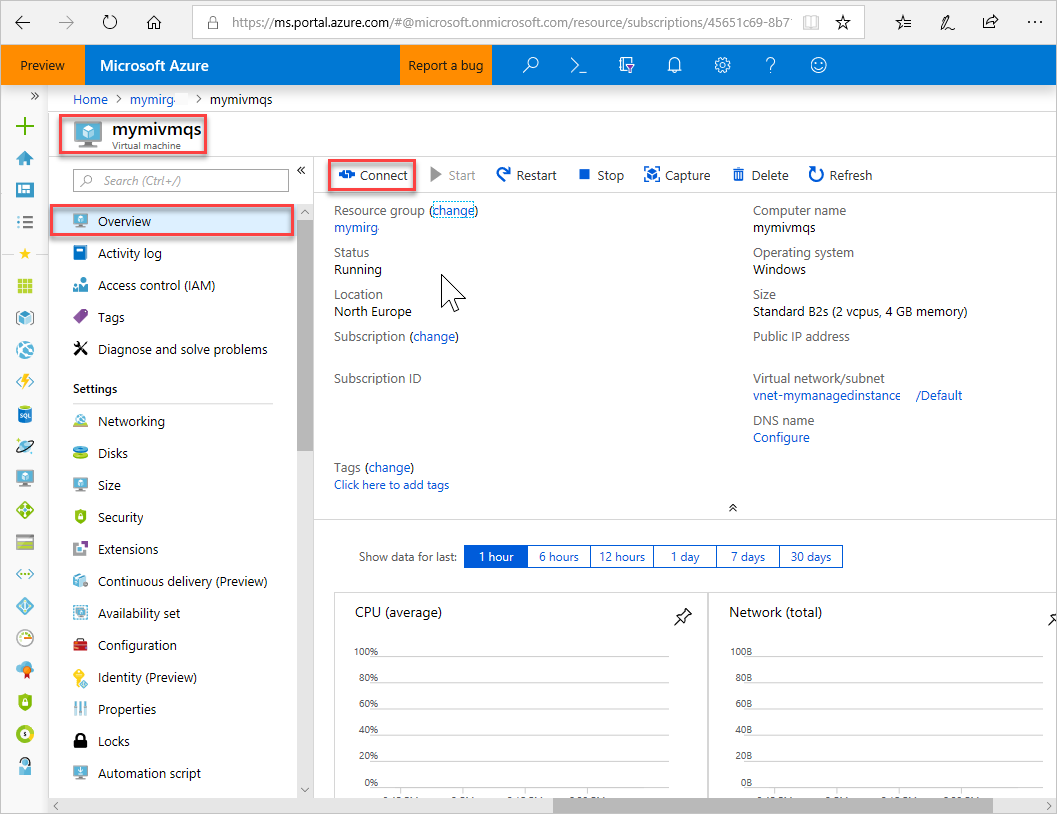 Screenshot shows a virtual machine Overview page with a Connect button.