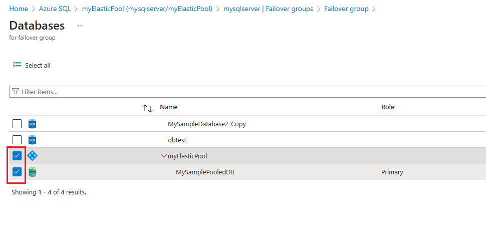 Képernyőkép a feladatátvételi csoport adatbázisainak paneljéről az Azure Portalon.
