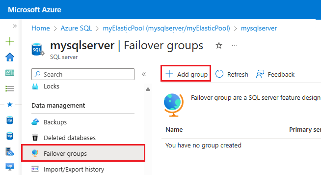 Képernyőkép az Azure Portal feladatátvételi csoportok lapjáról.