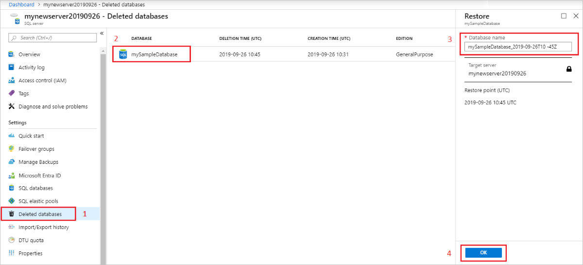 Screenshot of the Azure portal that shows how to restore a deleted database.