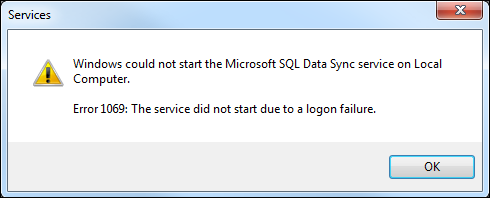 Data Sync error 1069 dialog box