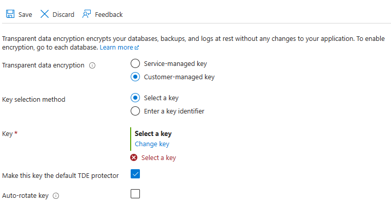 Képernyőkép a kiszolgáló azure portaljának transzparens adattitkosítási menüjéről.