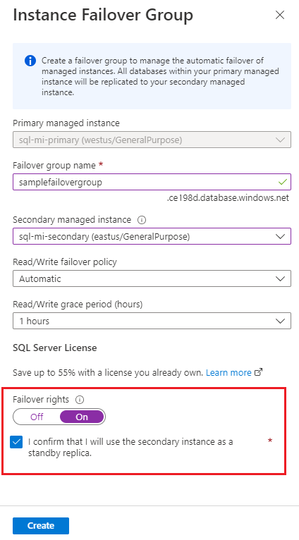 Screenshot that shows creating a new failover group in the Azure portal, with the Failover rights option highlighted. 