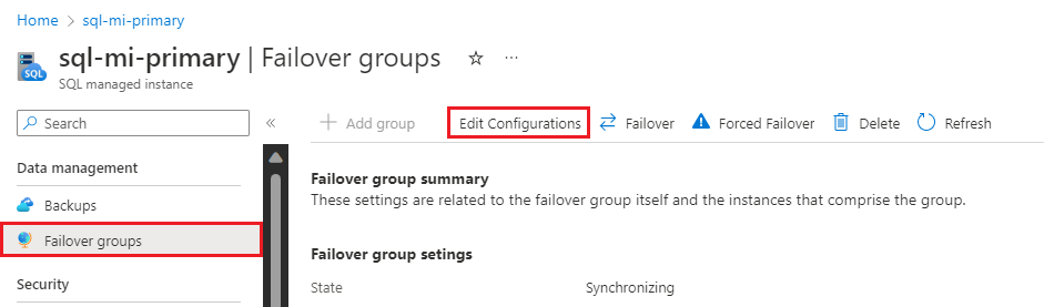 Screenshot that shows the Failover groups pane in the portal and Edit Configurations highlighted. 