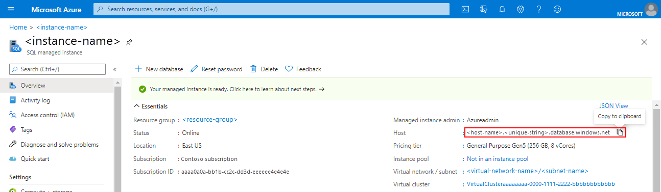 Képernyőkép az Azure Portal Áttekintés oldaláról, ahol a példány gazdagépneve van kiválasztva.