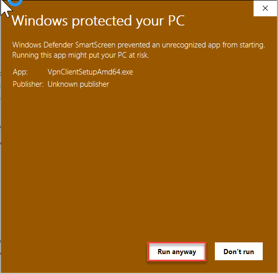 Screenshot of Windows Defender asking if you're sure you want to install the VPN client.