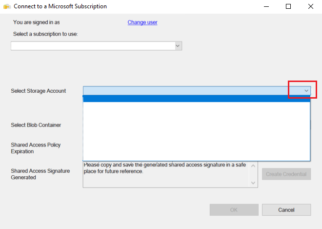 A Csatlakozás Microsoft-előfizetéshez párbeszédpanel képernyőképe. Ki van emelve a lefelé mutató nyíl a Tárfiók kiválasztása legördülő listán.