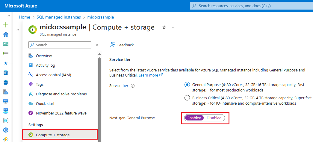 Képernyőkép a példány számítási és tárolási oldaláról az Azure Portalon, a következő generációs általános célú beállítás kiválasztásával.