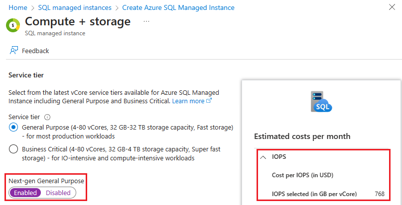Képernyőkép a számítási és tárolási oldalról, amikor konfigurálja az új felügyelt Azure SQL-példányt az Azure Portalon.