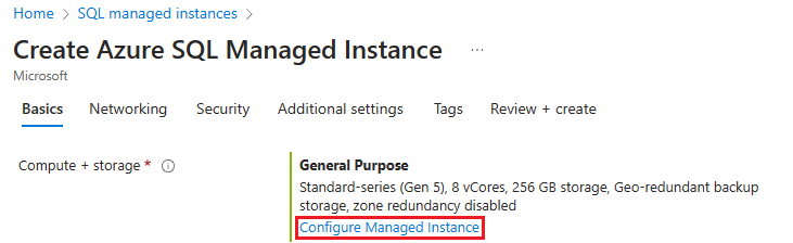 Képernyőkép az Azure Portal Felügyelt Azure SQL-példány létrehozása lapjáról, amelyen a példány beállításának konfigurálása van kiválasztva.