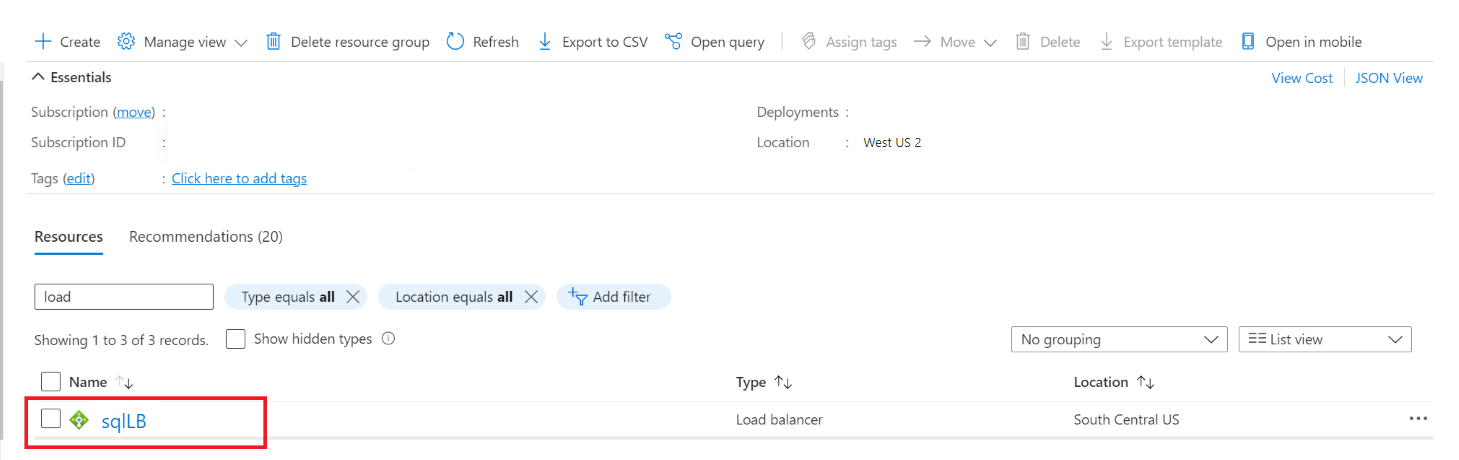 Képernyőkép a Azure Portal, az erőforráscsoport lapjáról, a Load Balancer kereséséről.
