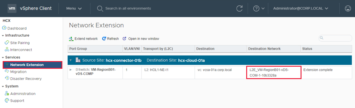 Screenshot of a network extension in VMware vSphere Client.