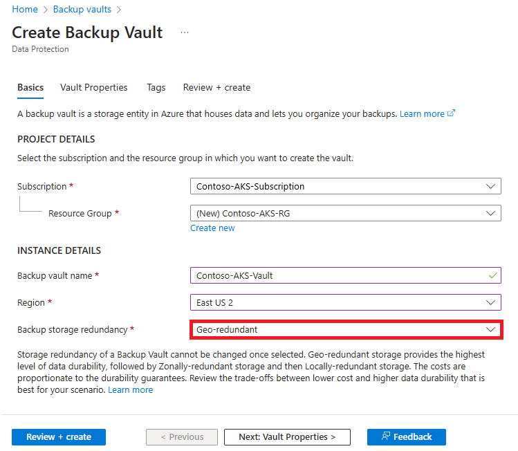 Képernyőkép a Backup Storage Redundance paraméter engedélyezéséről.