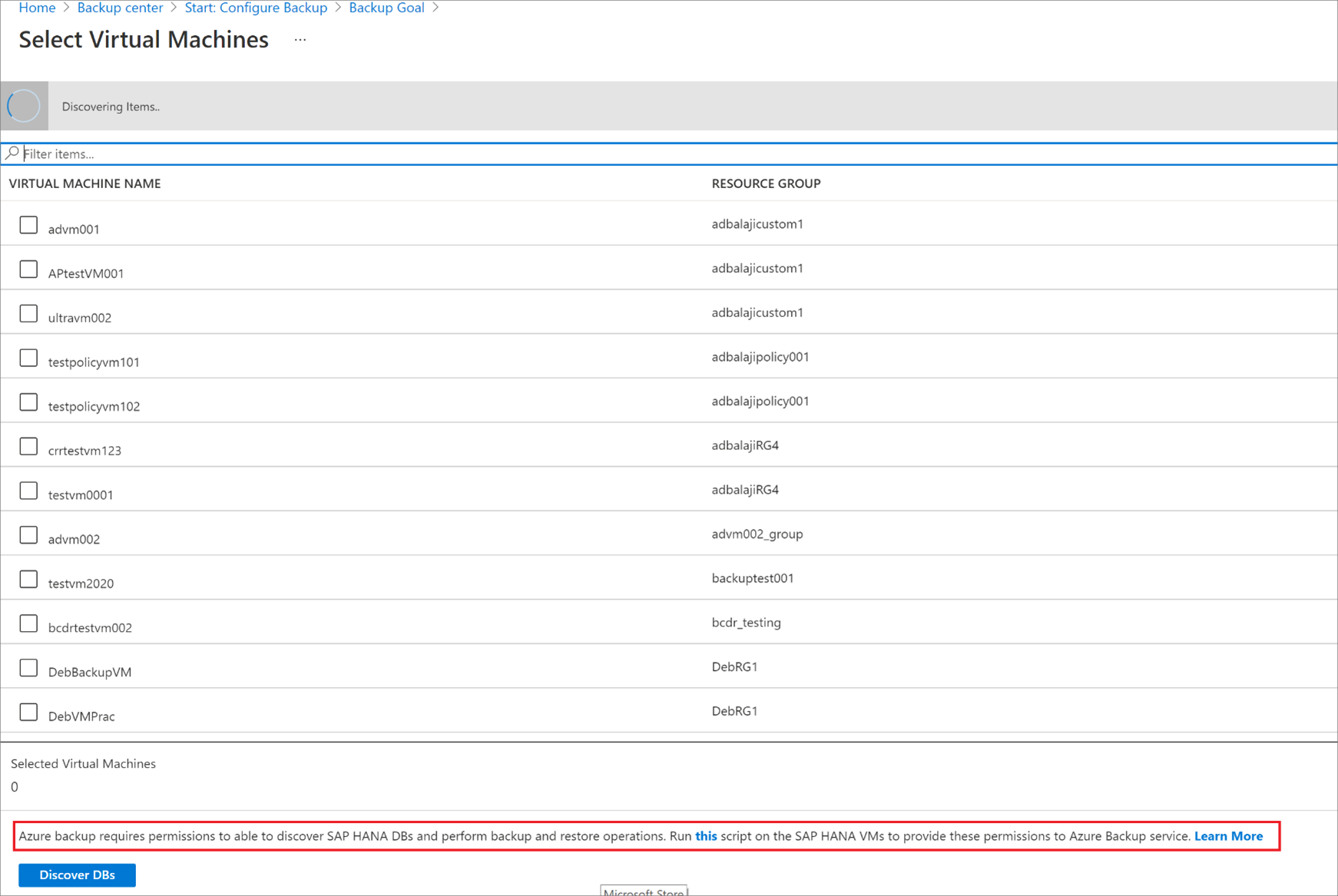 Képernyőkép a felderített SAP HANA-adatbázisokról.