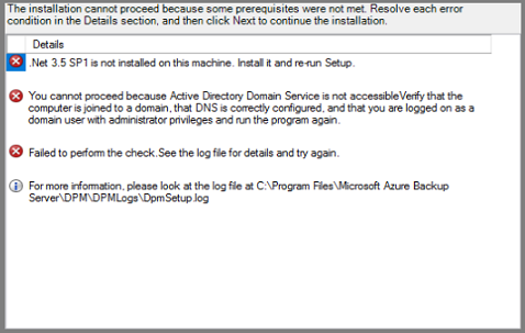 Azure Backup Server – A telepítési előfeltételek nem teljesülnek