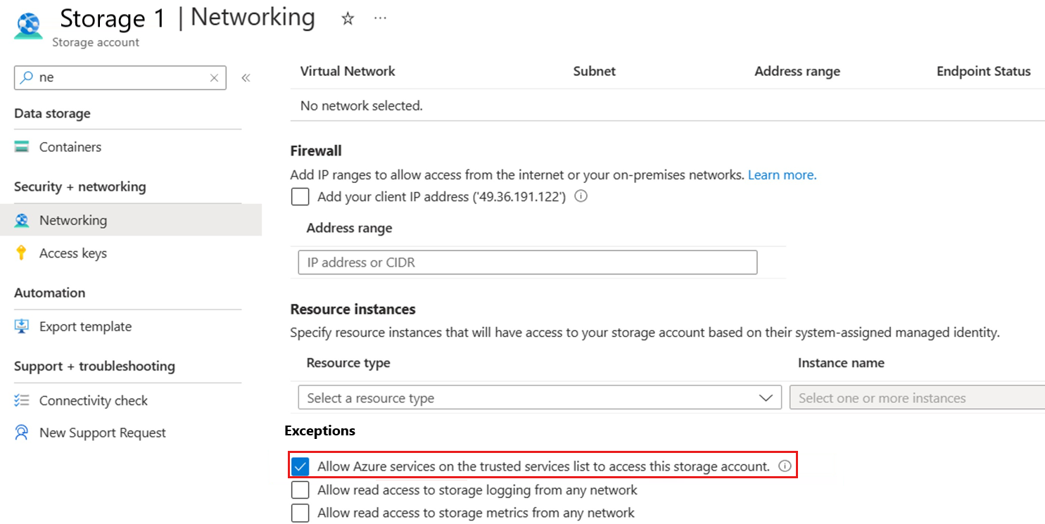 Screenshot shows the required networking details in a storage account.