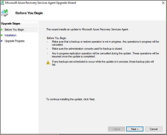 Képernyőkép a Microsoft Azure Recovery Services-ügynök beállítási varázslóról.