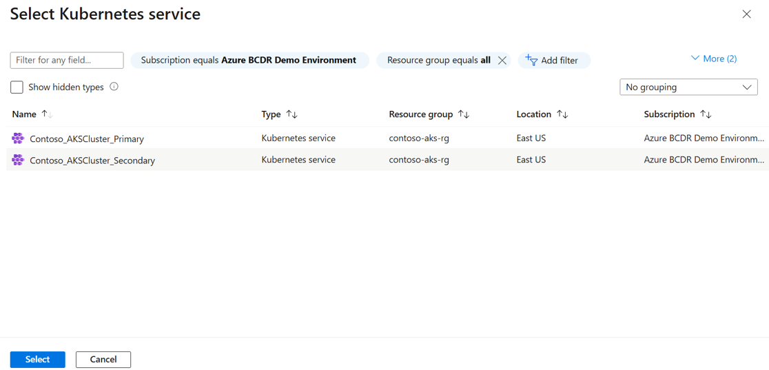 Képernyőkép az AKS-példány kiválasztásáról.