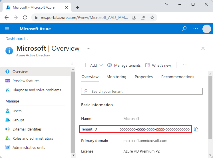 Képernyőkép a Bérlőazonosítóról az Azure portálon.