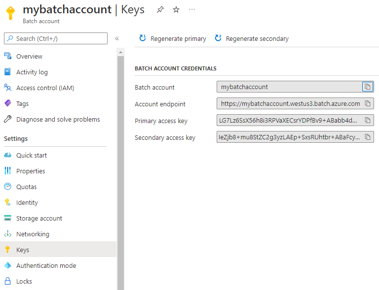 Képernyőkép a Batch-fiókkulcsokról az Azure Portalon.