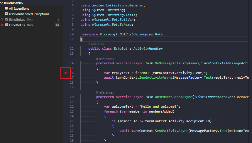 Képernyőkép egy C#-töréspontról a Visual Studio Code-ban.