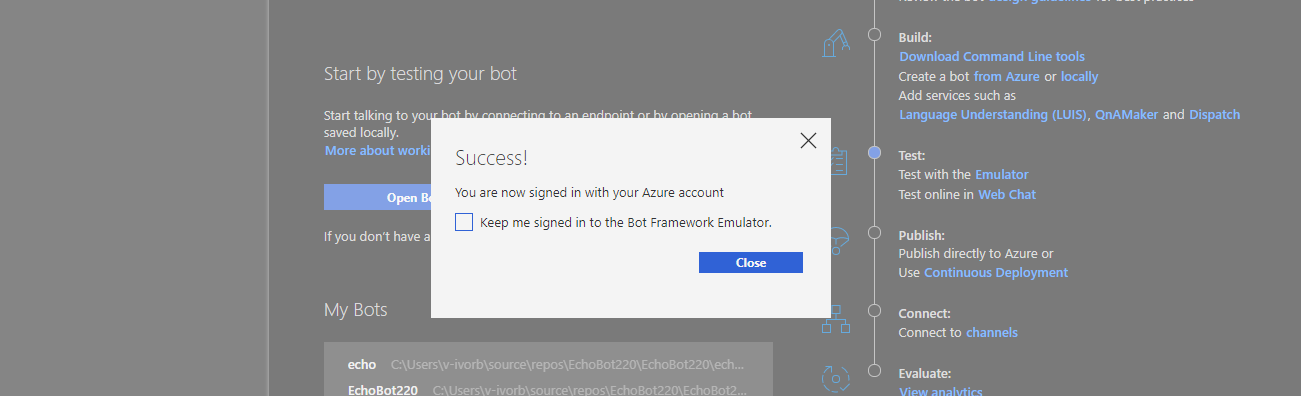 Az Emulator Azure-bejelentkezés sikeres